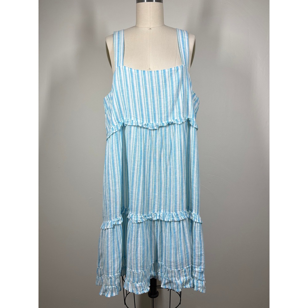 Rails Linen Blend Dress XL Blue White Sandy Laguna Stripe Ruffle Tiered Coastal